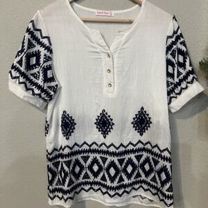 Ana Rose White Blue Sequin Geometric Blouse Top Petite Medium PM RN166768